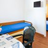 Divano letto blu accanto a un tavolo con fiori.
