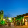 Esterno illuminato di un bar e giardino fiorito di sera.