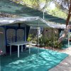 Tendoni e veranda con tavolo, ombreggiati dagli alberi.