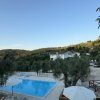 Piscina circondata da alberi e colline verdeggianti.