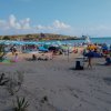 Spiaggia affollata con ombrelloni colorati e vegetazione.